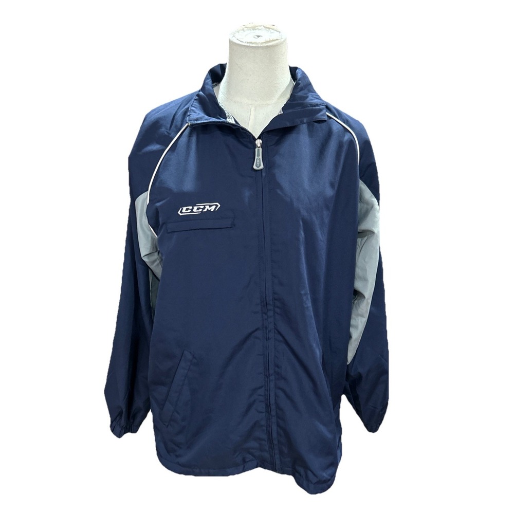 CCM Womens Windbreaker Jacket Large Blue Grey Hockey NHL Full Zip Outerwear